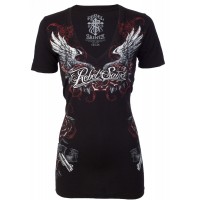 Rebel Saints AFFLICTION Womens T-Shirt PISTOLA Guns Biker Buckle Sinful